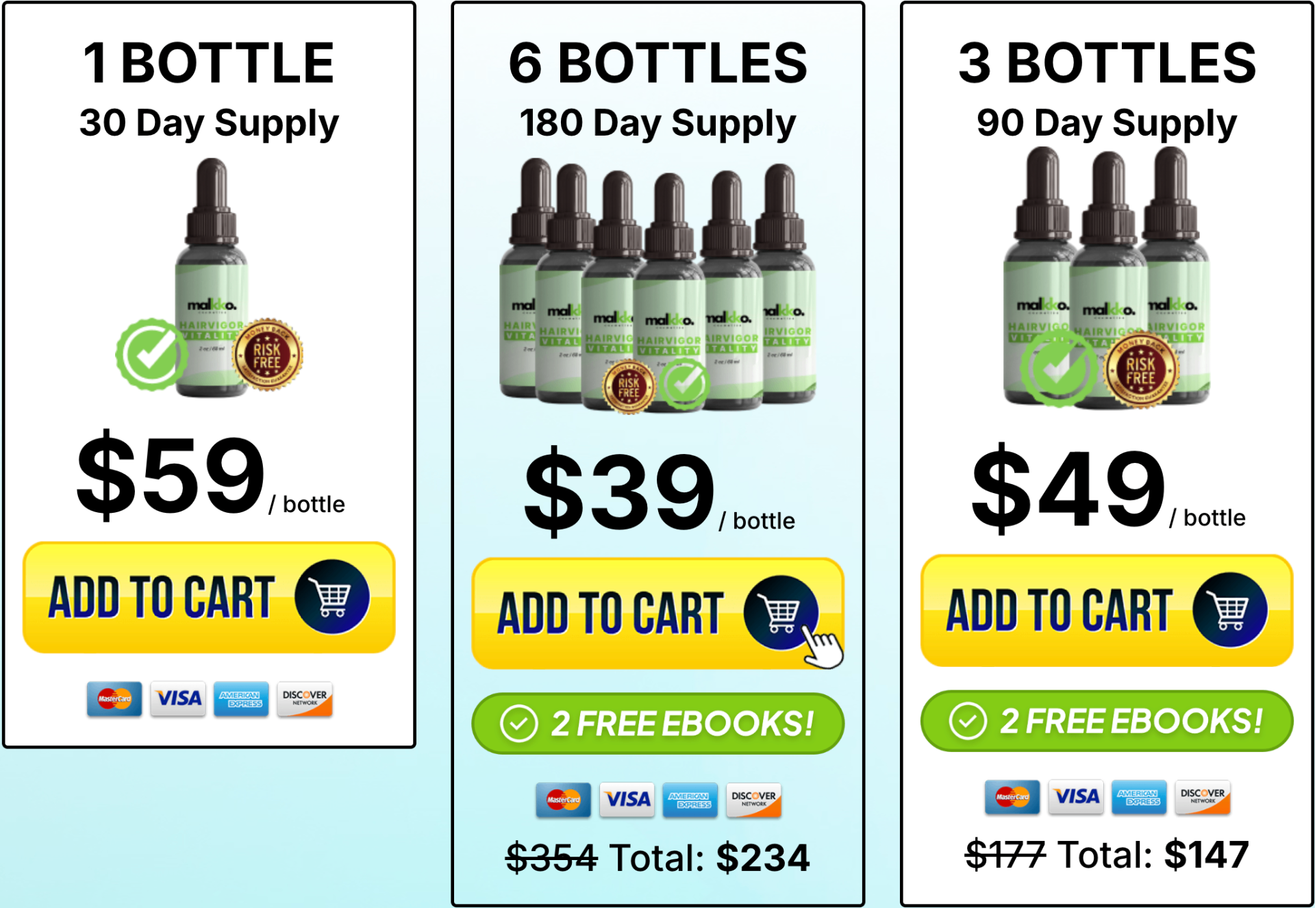 HairVigor Vitality pricing: 1 bottle $59, 3 bottles $49 each, 6 bottles $39 each
